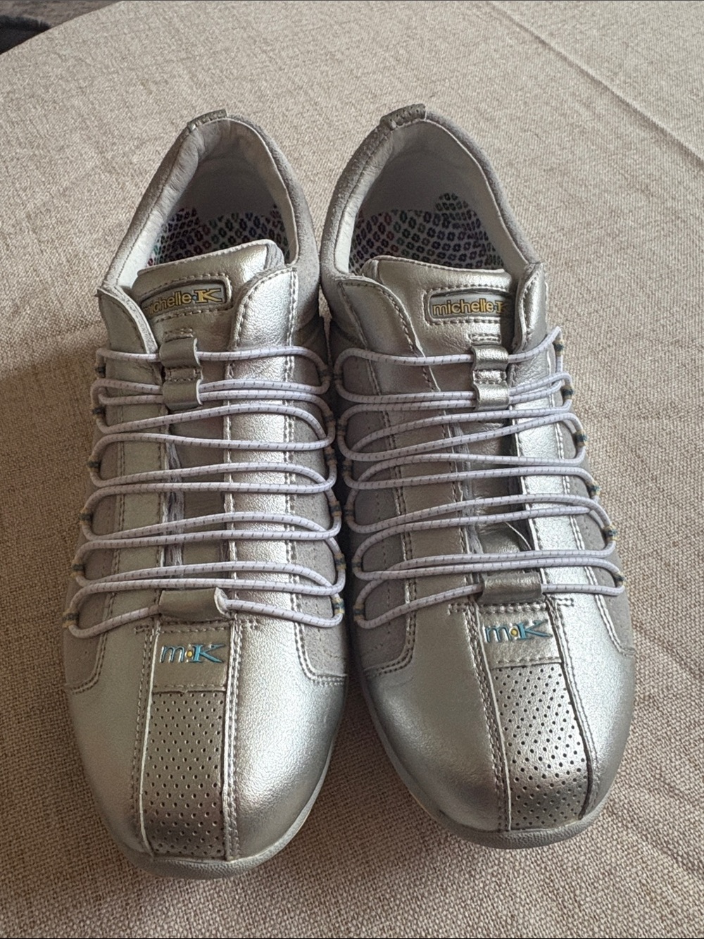 Michelle K Metallic Silver Lace-Up Sneakers with Subtle Gold Accents